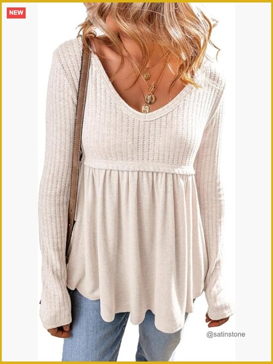 Tops - Long Sleeve V-Neck Babydoll Tunic Top with Textured Fabric